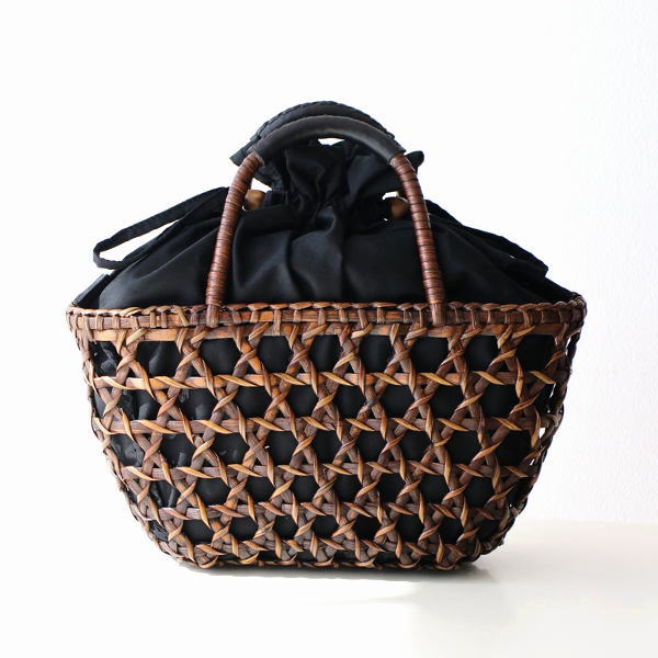 かごバッグ カゴバッグ レディース ラタン おしゃれ かわいい ナチュラル 巾着 軽い 自立 革巻きハンドル ラタンピールカゴメ編バッグ 【送料無料】 [kan9204]