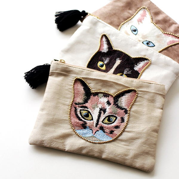 ポーチ 小物入れ 猫 ねこ おしゃれ 刺繍 丸 フラット かわいい スクエアポーチ アクセサリー入れ メイクポーチ 小物入れ キャット刺繍ポーチ A 3タイプ [kan9847]