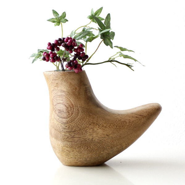 ウッドベース フラワーベース 花瓶 おしゃれ かわいい マンゴーウッド バード ナチュラル 花器 生花 ウッドフラワーべース バード L [ksh4183]