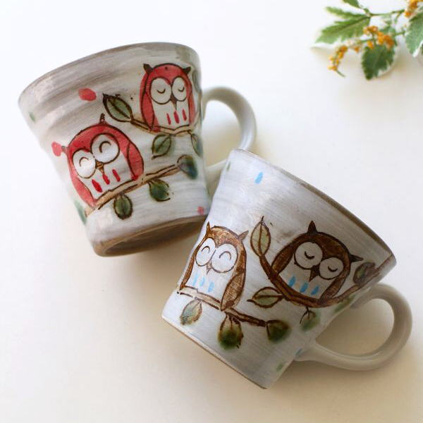 マグカップ ペア 陶器 ペアマグ フクロウ おしゃれ かわいい 日本製 シンプル モダン 美濃焼 焼き物 仲よしふくろうの ペアマグ [ksn4035]