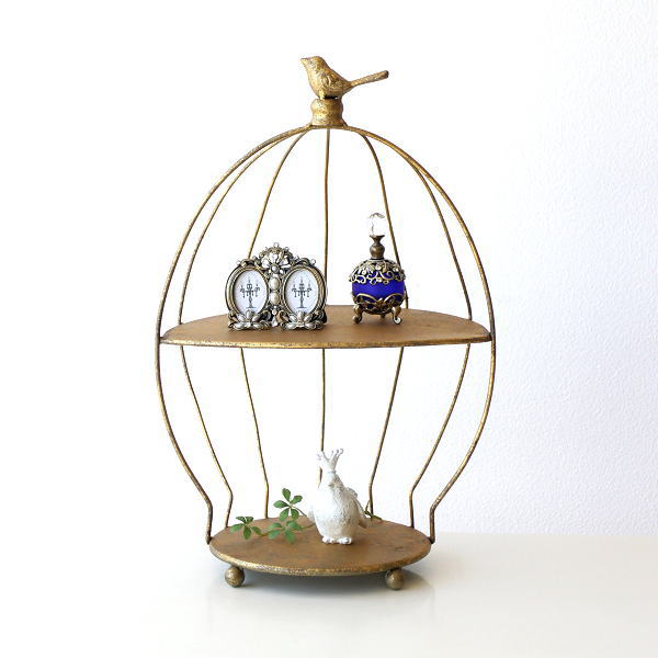 オープンシェルフ おしゃれ ミニシェルフ ディスプレイラック ゴールド 小鳥 鳥かご風 アイアン アンティーク調 アイアンの鳥かご風ミニシェルフ [kwb4001]