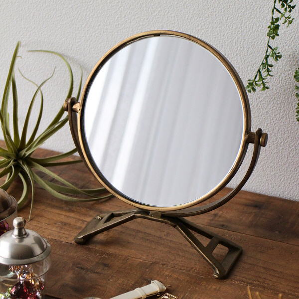 鏡 卓上ミラー スタンドミラー テーブルミラー 丸型 おしゃれ アイアン アンティーク調 レトロ アンティークなサークルスタンドミラーGD [kwb4009]