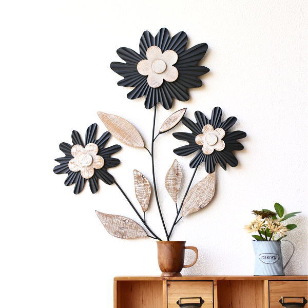 壁飾り 壁掛け アイアン おしゃれ お花 アンティーク 木製 アートパネル アートフレーム アイアンとウッドの壁飾り 3フラワー [kwb6513]