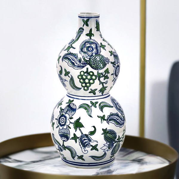 シノワズリ 花瓶 フラワーベース おしゃれ 磁器 ひょうたん型 白磁 上品 エレガント モダン 花模様 アンティーク調 和風 玄関 大きめ 高さ34cm シノワズリ・エレガンスベース 【送料無料】 [kwt9403]