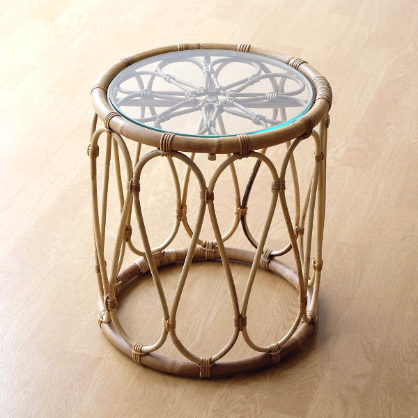 サイドテーブル ラタン 籐 ガラス おしゃれ ナチュラル 丸テーブル ソファーサイドテーブル ベッドサイドテーブル 丸型 円形 ラタンとガラスのラウンド テーブル Cle6310 ギギliving