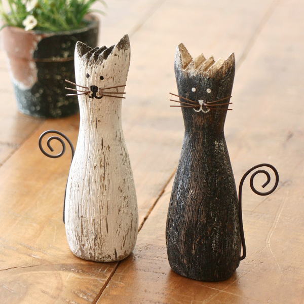 ねこ 猫 置物 オブジェ 雑貨 木製 かわいい おしゃれ ウッド ペア ウッドオブジェ ナチュラル アンティーク ブラック＆ホワイトキャットのオブジェ ペア [cov4565]