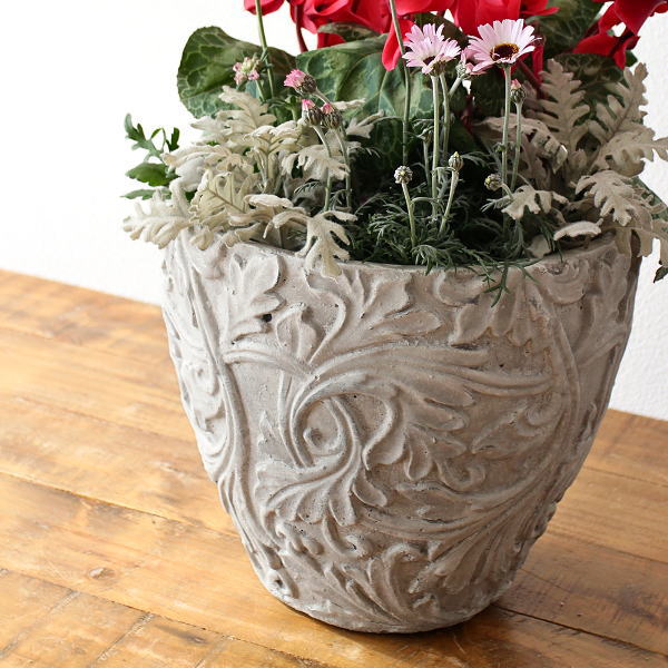 植木鉢 プランター 陶器 おしゃれ アンティーク 大型 10号 相当 φ28cm 寄せ植え 花鉢 フラワーポット 花器 底穴あり グレー クラシック ヨーロピアン 陶器のプランターポット アラベスク [cov5226]