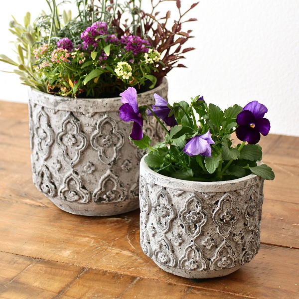 植木鉢 プランター セメント アンティーク 5号 4号 相当 φ15.5cm φ11.5cm 寄せ植え 花鉢 底穴あり グレー おしゃれ ヨーロピアン クラシック セメント製のシリンダーポット 2点セット [cov5227]