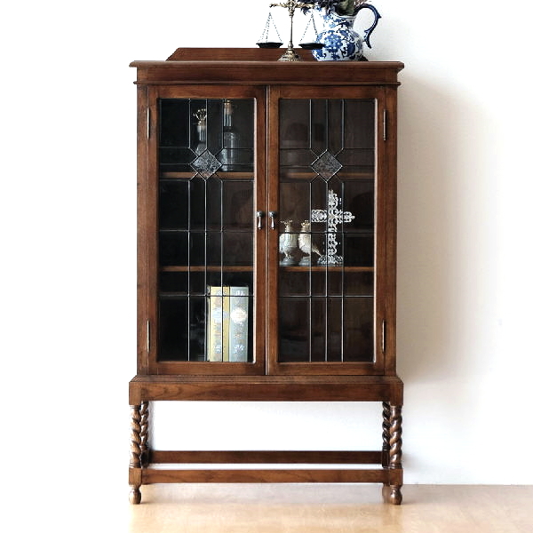 ガラスキャビネット 食器棚 飾り棚 天然木 オーク無垢材 アンティーク調 オークステンドガラスキャビネット【開梱設置送料無料】 [diz3574]