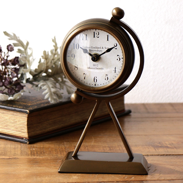 置き時計 アンティーク おしゃれ アナログ 小さい 真鍮 360度 回転 見やすい 秒針なし 電池式 丸 卓上時計 テーブルクロック クラシック レトロ BLASSスタンドクロック A [ebn1512]