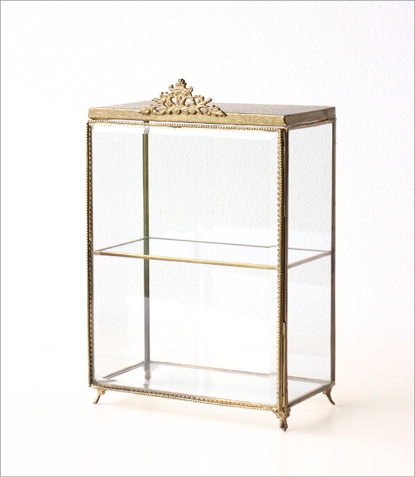 ショーケース 卓上 アンティーク ゴールド 小物入れ 2段 扉付き収納