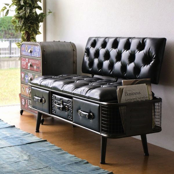 ベンチ 収納付 ソファ スツール おしゃれ ベンチスツール アイアン 収納 ヴィンテージな収納付きベンチ 3引き出し 【送料無料】 [ebn2447]