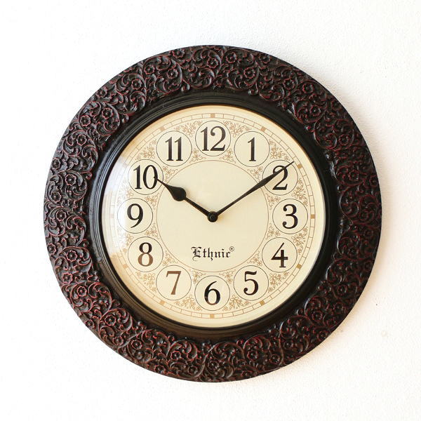 掛け時計 おしゃれ アンティーク クラシック エレガント アジアン インテリア 丸 ラウンド ウォールクロック カービング 【送料無料】 [ebn4141]
