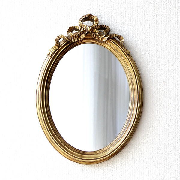 鏡 壁掛けミラー アンティークゴールド ウォールミラー リボン エレガント アンティーク風 おしゃれ オーバルミラーゴールド リボン Ebn4543 ギギliving