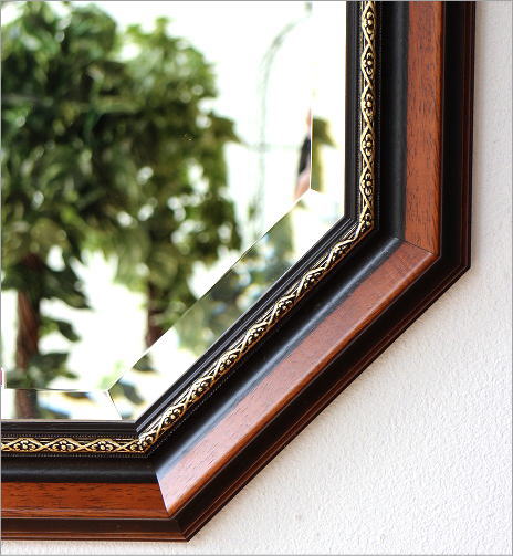 美品 ヴィンテージ　木製フレーム　8角形　ウォールミラー 壁掛け鏡 天然木 鏡 美品 ヴィンテージ 木製フレーム 8角形 ウォールミラー 壁掛け鏡