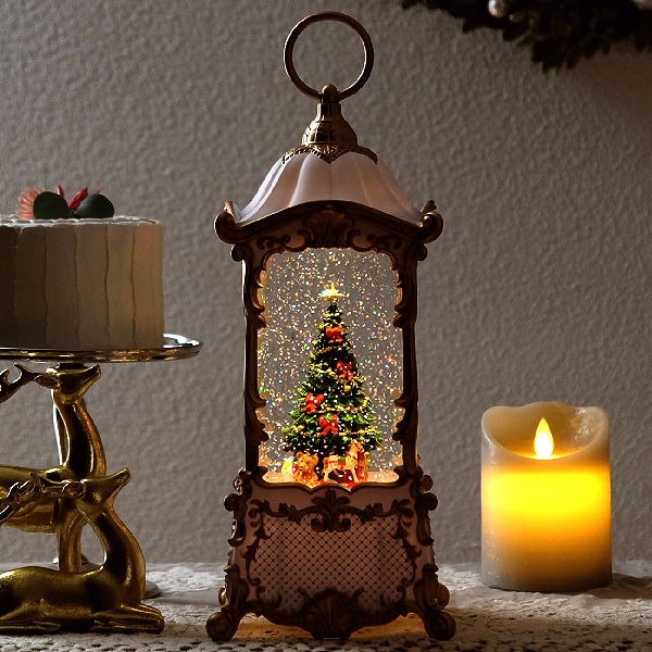 スノードーム クリスマス LEDライト キラキラ 光る クリスマスツリー 卓上 オブジェ 音楽 メドレー 電池式 USBケーブル給電可 メロディー付き LEDホワイトランタン [hal5128]