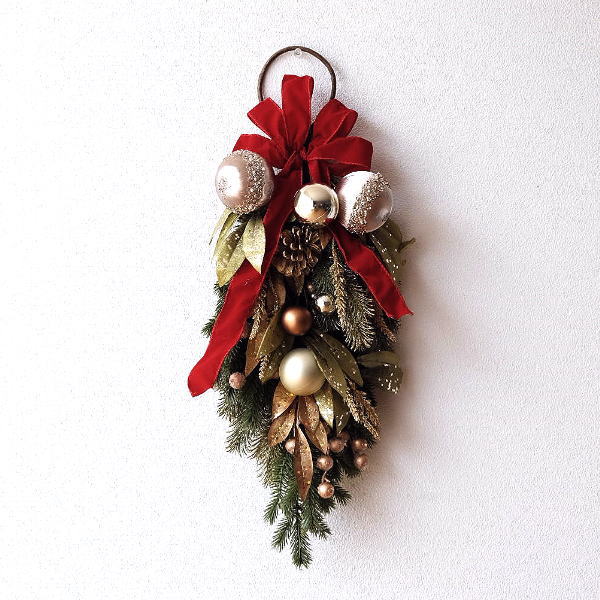 クリスマス スワッグ 玄関 60cm クリスマスリース リボン フェイク 木の実 もみの木 壁掛け 吊り下げ 大人 Xmas 飾り オーナメント デコレーション ゴールドとレッドリボンのスワッグ [hal5129]