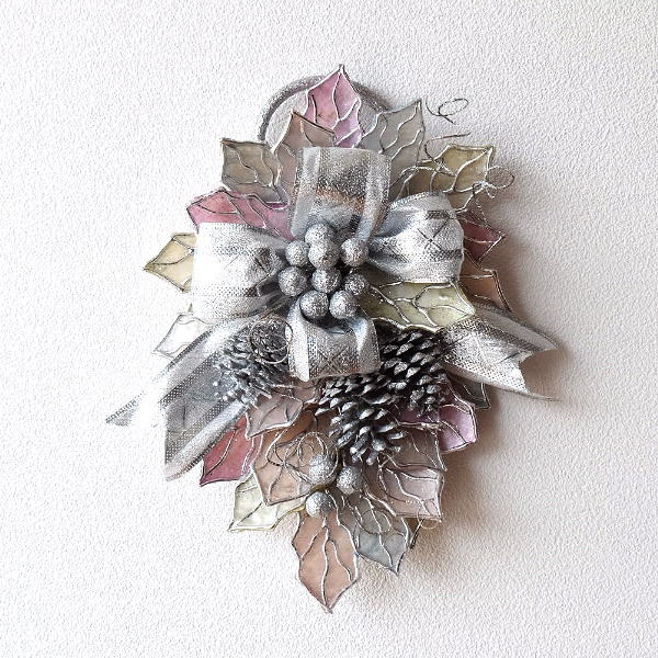 クリスマス スワッグ 玄関 40cm クリスマスリース シルバー リボン フェイク カピス貝 壁掛け 吊り下げ 大人 Xmas 飾り オーナメント デコレーション ホーリーリーフのカピススワッグ [hal5131]