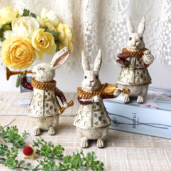うさぎ 置物 オブジェ トランプ柄 不思議の国のアリス 音楽 楽器 トランペット バイオリン ティーカップ 可愛い 小さい アンティーク ミニラビットワンダーランド 3個セット [hal9021]