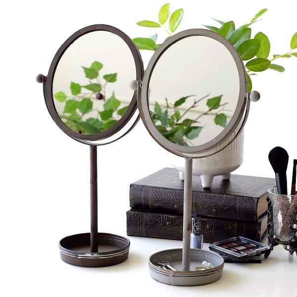 ブラウン スタンドミラー 鏡 ミラー おしゃれ アイアン 卓上ミラー スタンドミラー トレイ