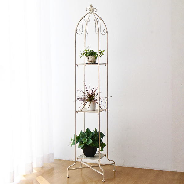 フラワースタンド アイアン 3段 アンティーク ホワイト おしゃれ 花台 観葉植物 室内 屋外 コーナー ハイタイプ 高さ165cm ディスプレイ ベランダ 玄関 シャビーなホワイトアイアンの3段棚 【送料無料】 [iad3123]