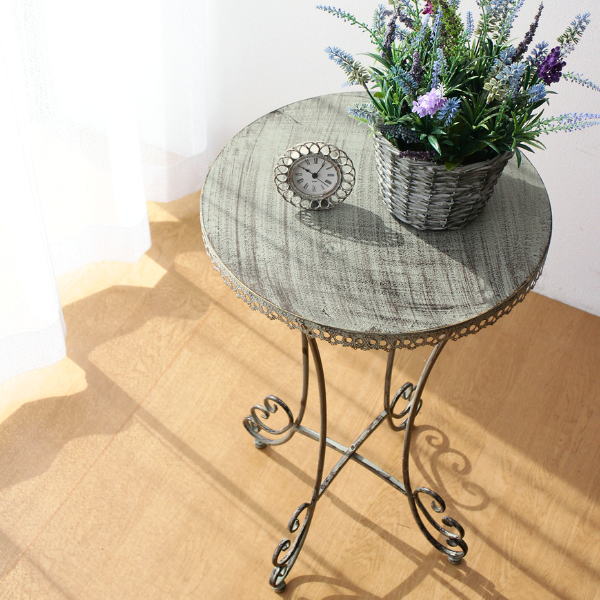 ガーデンテーブル アイアン 丸型 直径45cm 高さ70cm 屋外 室内 アンティーク 花台 サイドテーブル レース縁飾り おしゃれ エレガント コンパクト シャビーなアイアンのラウンドテーブル 【送料無料】 [iad5556]