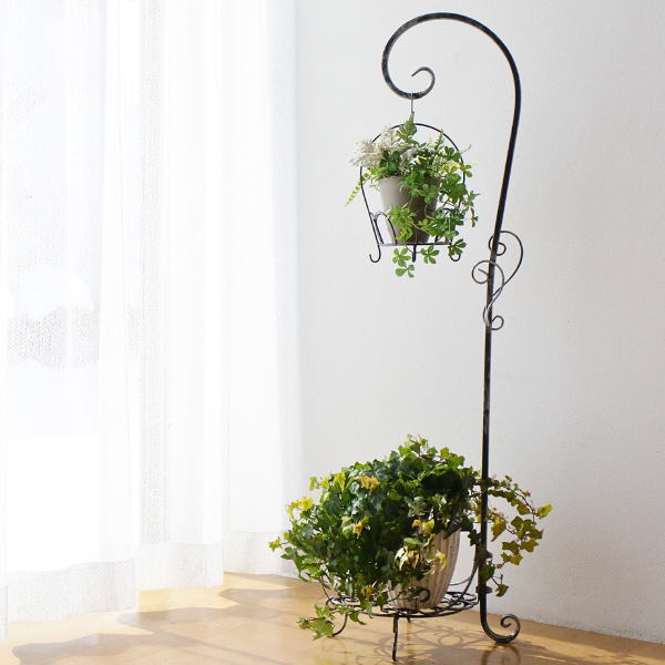 ハンギングスタンド アイアン フラワースタンド 鉢置き 花台 プランター 観葉植物 植木鉢 アンティーク レトロ ガーデン 屋外 室内 玄関 高さ126cm アイアン吊り下げバスケット付きフラワースタンド [iad7744]