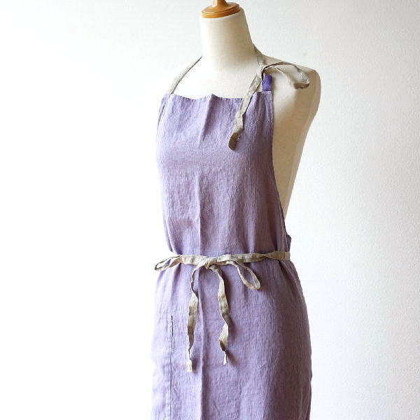 エプロン リネン おしゃれ 麻 カフェ シンプル ナチュラル 北欧 レディース ロング 首掛け 無地 リネンエプロン オールドライラック [jot5524]