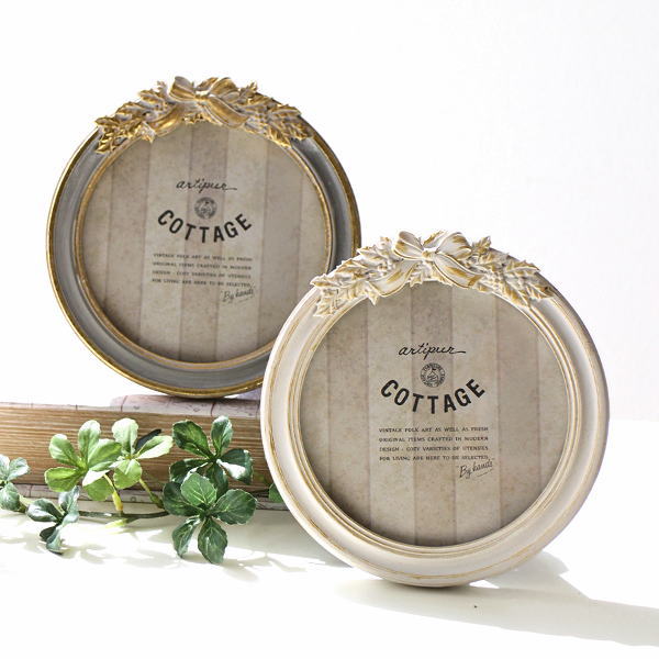 フォトフレーム 写真立て 丸型 卓上 壁掛け 小さい おしゃれ 大人可愛い アンティーク リボン レトロ クラシック くすみカラー ラウンドフォトフレーム スワッグ2カラー [kan0369]