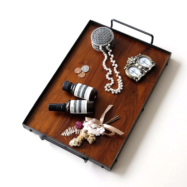 トレー トレイ 木製 アイアン 持ち手付き おしゃれ 無垢 鉄製 天然木 木目 インテリアトレイ アジアン アンティーク アカシアとアイアンのハンドルトレー [kan1112]