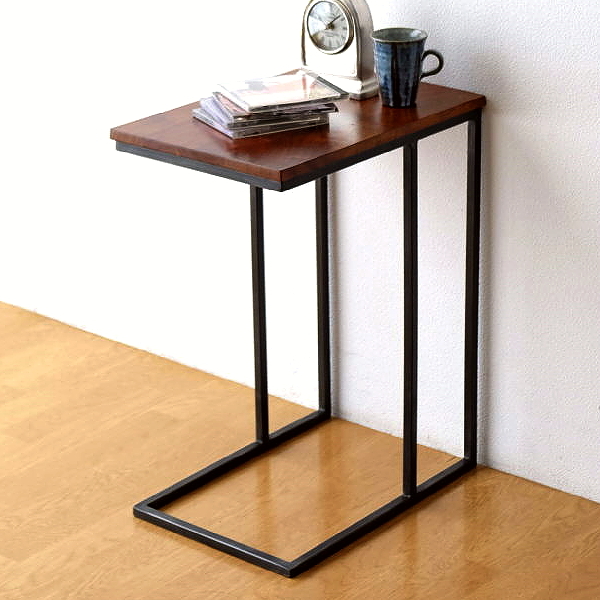 サイドテーブル 木製 アイアン コの字型 ソファーサイドテーブル ベッドサイドテーブル マガジンラック モダン シンプル アカシアとアイアンのサイドテーブル 【送料無料】 [kan1219]