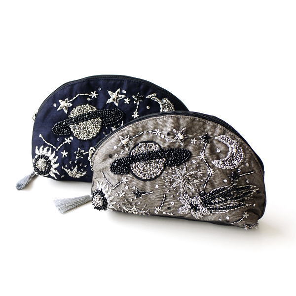 ポーチ 小物入れ おしゃれ マチなし かわいい ミニ ビーズ刺繍 マチ付ポーチ 宇宙刺繍2カラー Kan1869 ギギliving