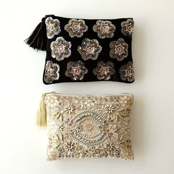 ポーチ 小物入れ かわいい デザイン タッセル 布張り おしゃれ 携帯 スマホ アクセサリーポーチ 化粧ポーチ ベロアビーズ刺繍フラットポーチ 2タイプ Kan13 ギギliving