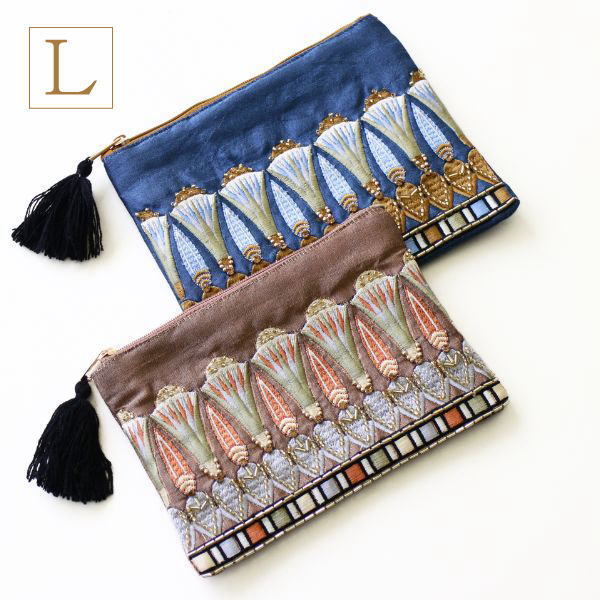 ポーチ 小物入れ おしゃれ マチなし かわいい デザイン 布張り ビーズ刺繍 エスニック 刺繍フラットポーチ エジプシャンフラワーL 2カラー [kan2400]