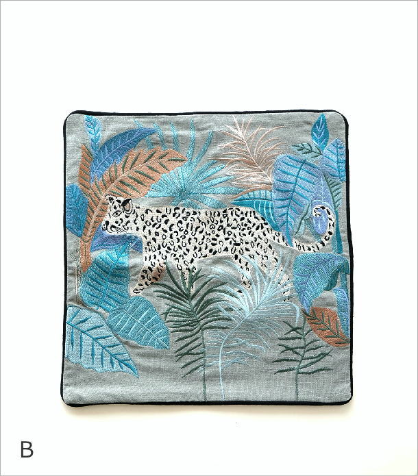 クッションカバー 45×45 おしゃれ 刺繍 綿100% アニマル ジャングル