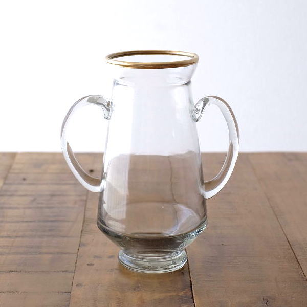 花瓶 ガラスベース フラワーベース おしゃれ ガラス 花器 大きめ ハンドル付き 透明 シンプル ドライフラワー アンティーク インドの吹きガラスベース D [kan7980]