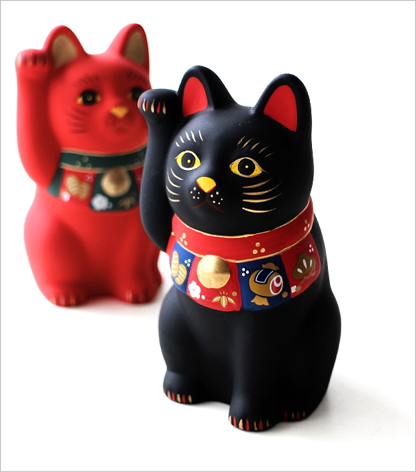 招き猫 置物 陶器 瀬戸焼 素焼き 小さい 手描き 縁起物 開運 小判 小槌