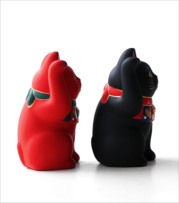 招き猫 置物 陶器 瀬戸焼 素焼き 小さい 手描き 縁起物 開運 小判 小槌