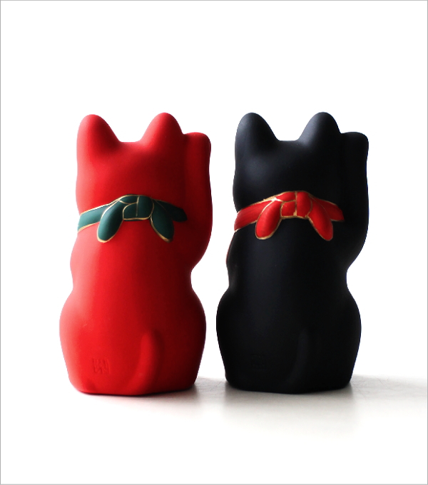招き猫 置物 陶器 瀬戸焼 素焼き 小さい 手描き 縁起物 開運 小判 小槌
