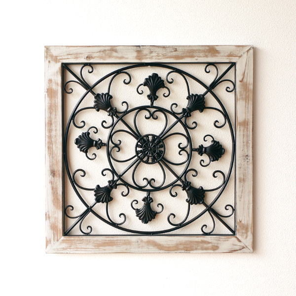 壁飾り アンティーク アイアン 壁掛け インテリア アートパネル 玄関 リビング 木製フレーム 四角 正方形 レトロ ヴィンテージ 壁面飾り ディスプレイ アイアンのウォールデコ フレームC  【送料無料】 [mty4027]