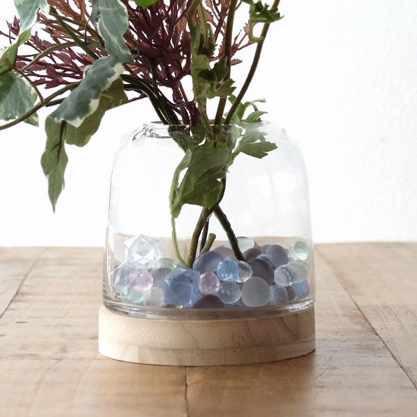 花瓶 フラワーベース おしゃれ ガラスベース ドーム型 トレイ付き テラリウム ガラス 木製 容器 ナチュラル 木のトレイ付きガラスベース Mty5009 ギギliving