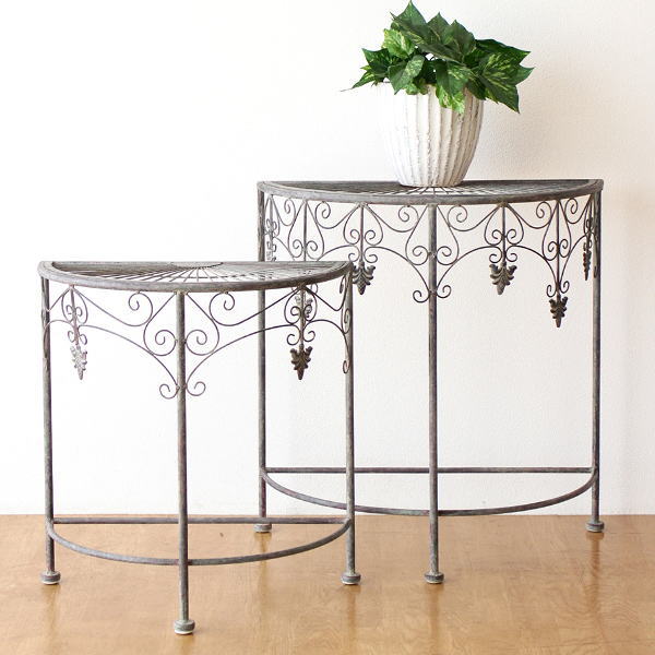 フラワースタンド アイアン 屋外 半円 花台 コンソールテーブル アンティーク 玄関先 ベランダ ハイスタンド ディスプレイ ガーデニング シャビーアイアンのフラワースタンド ハーフサークル2サイズセット 【送料無料】 [mty6486]