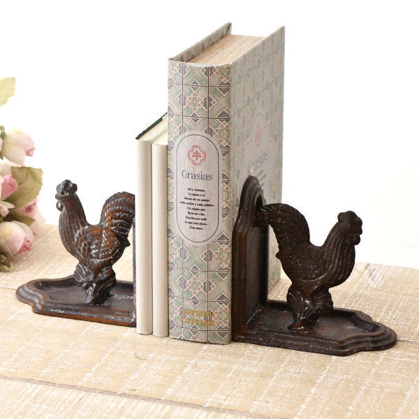 ブックエンド アンティーク おしゃれ アイアン鋳物 本立て ニワトリ 鳥 置物 オブジェ L字 L型 金属 ヴィンテージ レトロ インテリア アイアンブックスタンド コッコ [mty7468]