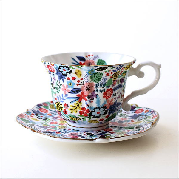CAFE CHANTANT ボーンチャイナ 花柄皿 カップ＆ソーサー ボーンチャイナ 花柄 ビタミンカラー 白磁 おしゃれ