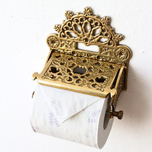 トイレットペーパーホルダー 真鍮 アンティーク ゴールド クラシック イタリア製 高級感 豪華 透かし模様 装飾 壁付け レトロな真鍮のペーパーホルダー A [pic4197]
