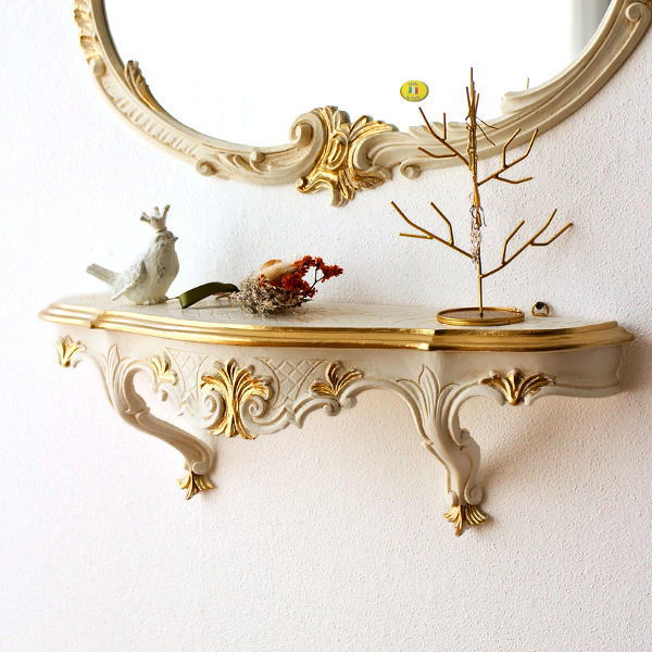 壁掛け棚 ウォールシェルフ アンティーク ロココ調 飾り棚 ホワイト ゴールド 装飾 エレガント クラシック 玄関 インテリア リビング イタリア製 Rococo 壁掛けコンソール WH  [pic5913]