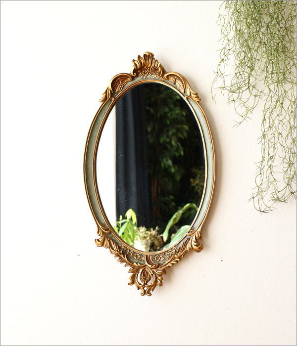 ロココ調楕円ミラー 壁掛け鏡 アンティーク ミラー 楕円 ロココ調 おしゃれ ゴールド 彫刻