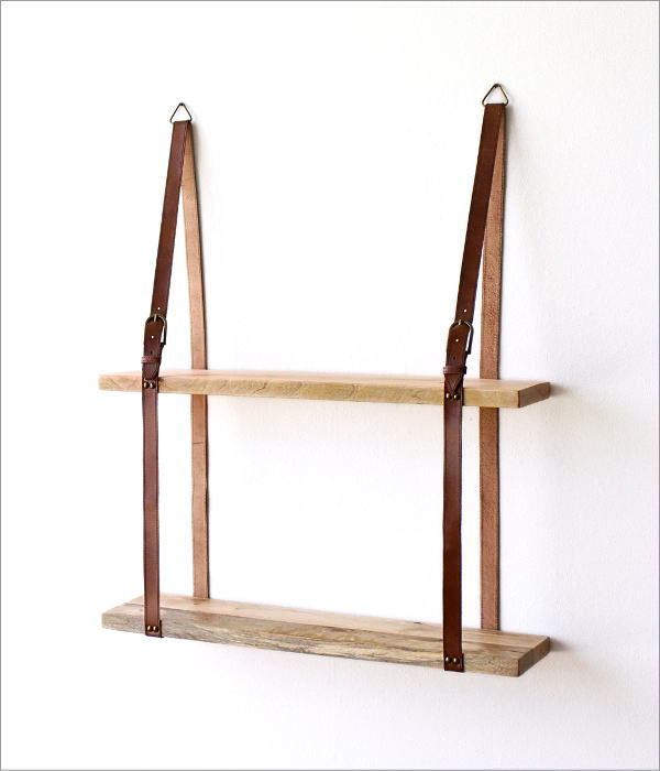 ウォールシェルフ 2段 壁掛け棚 幅70cm以上 大きめ 木製 本革