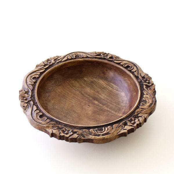 木製トレイ 直径37cm ウッドトレイ 小物入れ 彫刻 木製 ウッドボウル 卓上トレー 丸 天然木 マンゴーウッド 無垢 アジアン ナチュラル ウッドカービングボウル L [ras4281]