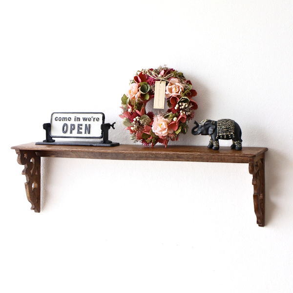 ウォールシェルフ 木製 幅75cm 壁掛け棚 ワイド 横長 大きめ スリム 薄型 彫刻 天然木 無垢 ナチュラル 飾り棚 玄関 リビング キッチン 壁面 収納 ウッドカービングウォールシェルフ  [ras5232]